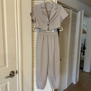 Khaki - Short Sleeve Collared Crop Top & Joggers Set - S